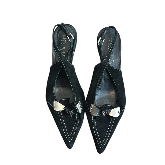Vintage Prada Kitten Heels Black Suede Pointed Toe Authenticated 6.5 - Picture 1 of 7